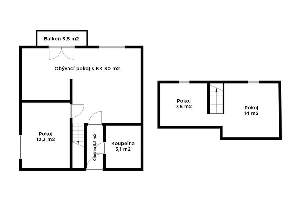 Půdorys bytu 4+kk — oba podlaží
